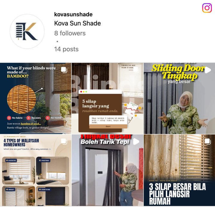 Kova Sun Shade Instagram profile and six-post grid, captured 27 September 2026